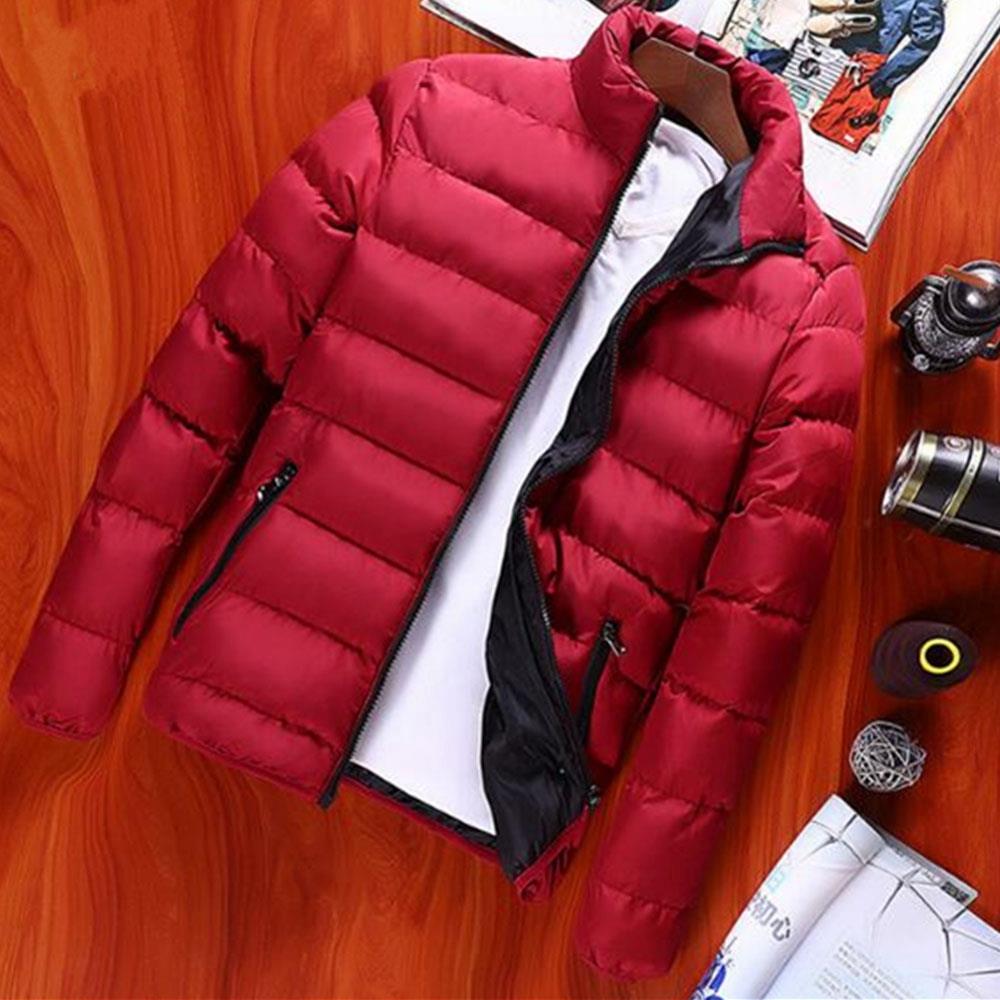 Men's Autumn And Winter Basic Casual Thick Cotton Down Jacket (Stand Collar Warm Coat Size L) - Red