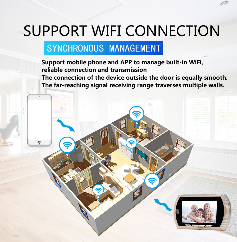 Danmini YB-43HD-MW Digital Peephole Viewer Camera 1MP 4.3 inch PIR Motion Sensor IR Night Vision Door Bell - Gold