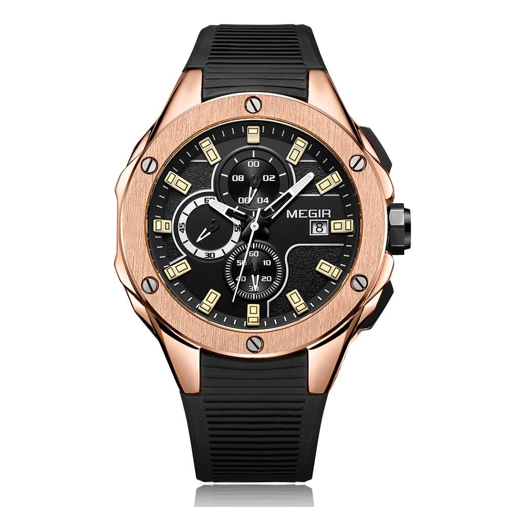 ML2053G MEGIR Men's Sports Wrist Watch Stopwatch Analog Calendar Quartz Movement Silicone Strap - Rose Gold