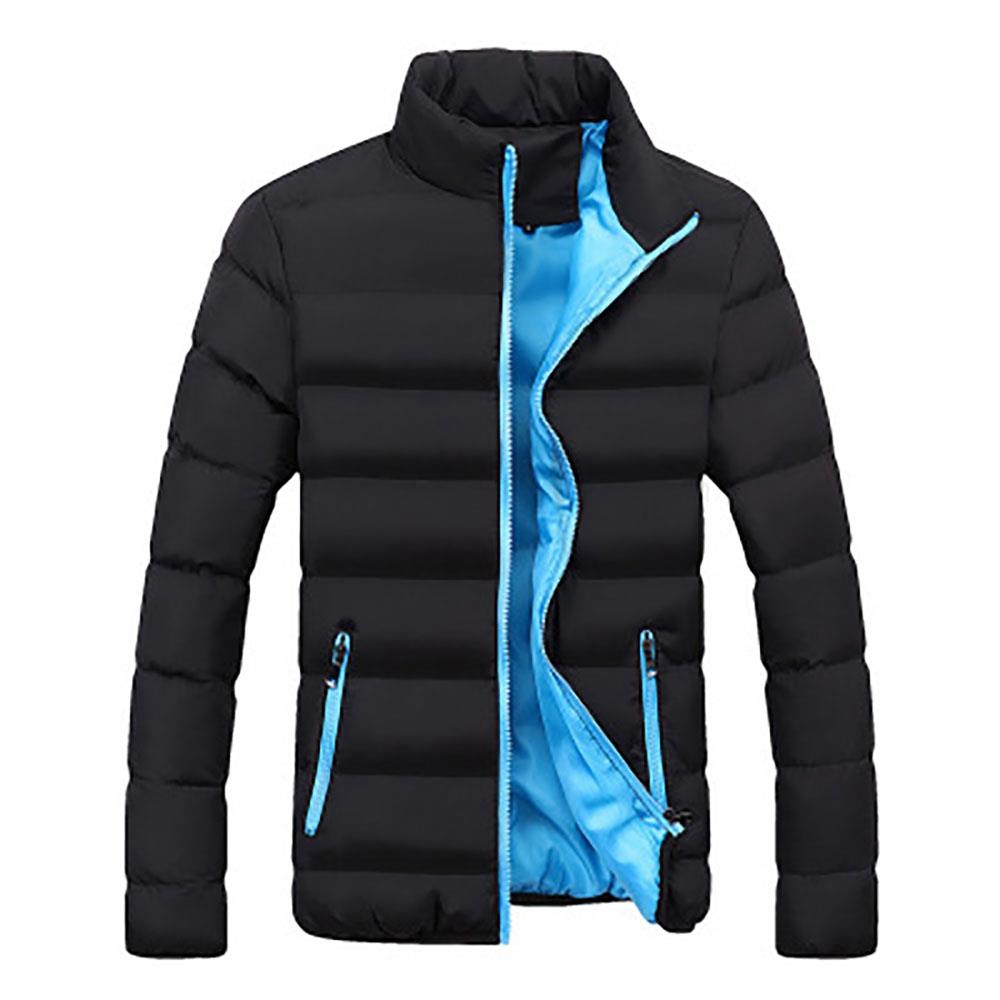 Men's Autumn And Winter Basic Casual Thick Cotton Down Jacket (Stand Collar Warm Coat Size L) - Black + Blue