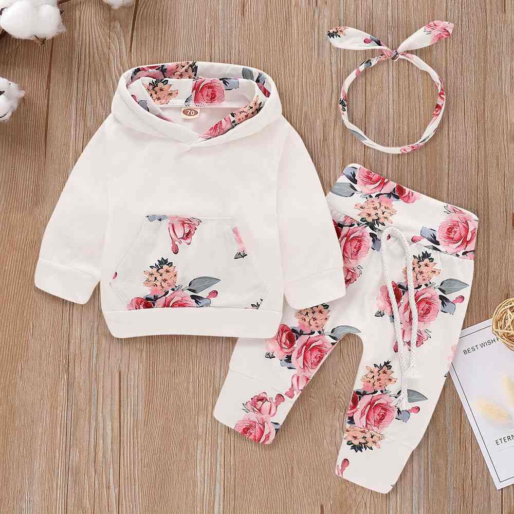 HZ6002 Kids Girls Pocket Printed Lycra Cotton Long-sleeve Hoodie + Trousers Two-piece Set Size 70 - White