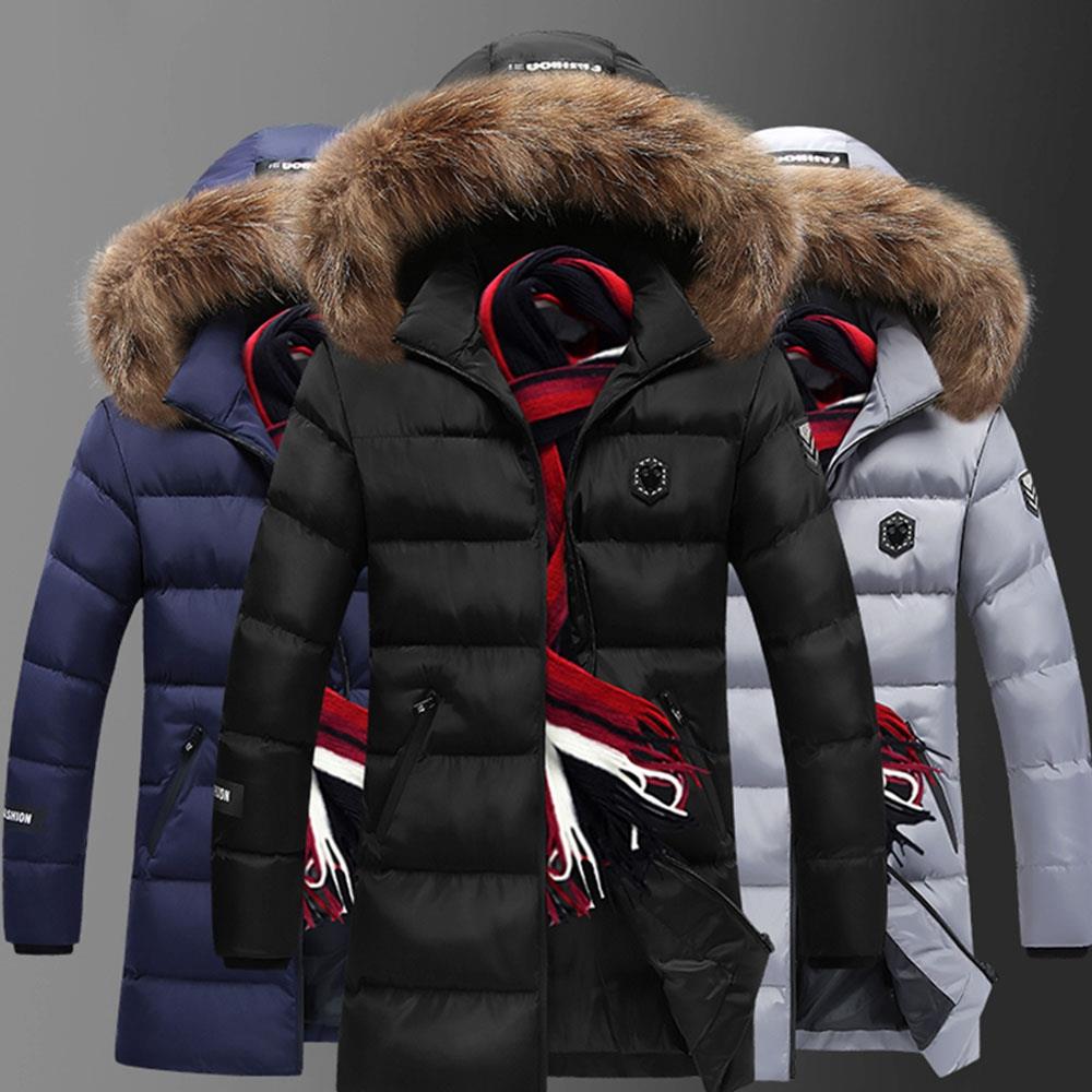 CA8866 Men's Autumn And Winter Casual Long Down Jacket (Solid Color Thicken Warm Fur Collar Size L) - Gray