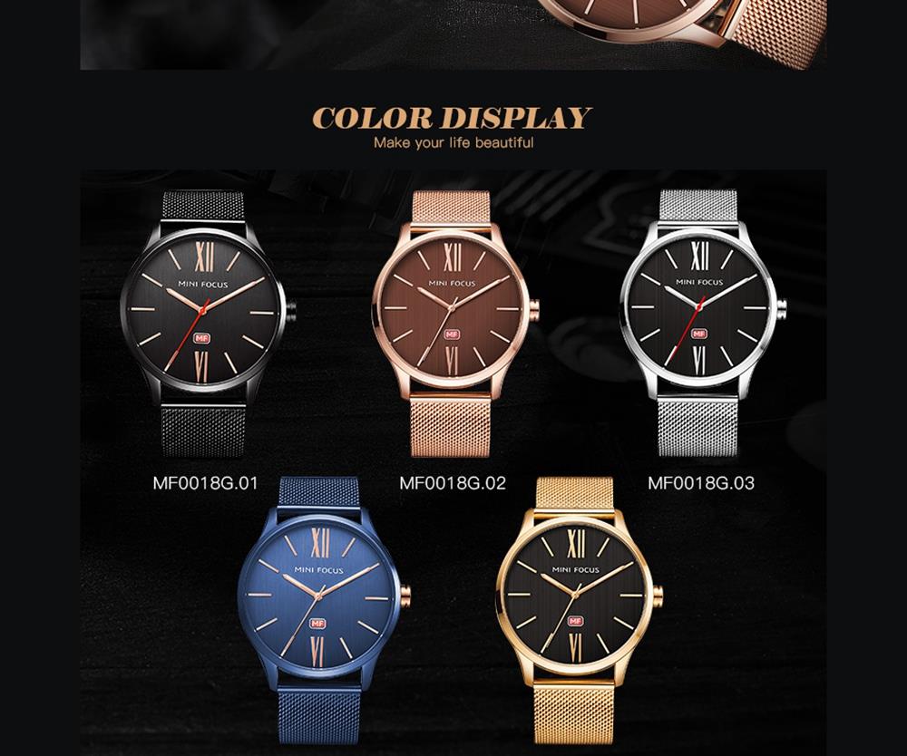 MINI FOCUS MF0018G Men's Casual Business Thin Quartz Watches Stainless Steel Strap Wristwatch - Black