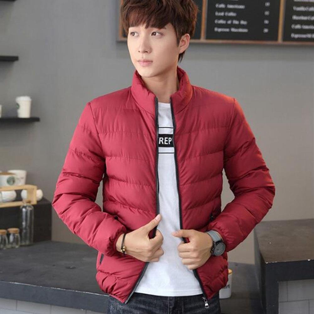 Men's Autumn And Winter Basic Casual Thick Cotton Down Jacket (Stand Collar Warm Coat Size L) - Red