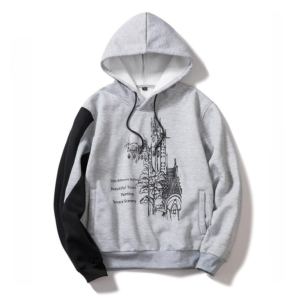WY37 Men's Autumn Winter Casual Irregular Hoodie (Color Block Letter Pattern Cotton Sweatshirt Size M) - Gray