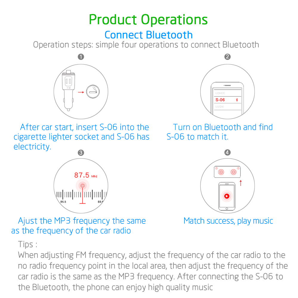 S-06 Car Charger Dual USB 3.0 Ports Bluetooth MP3 Music Player FM Transmitter Cigarette Lighter - Black