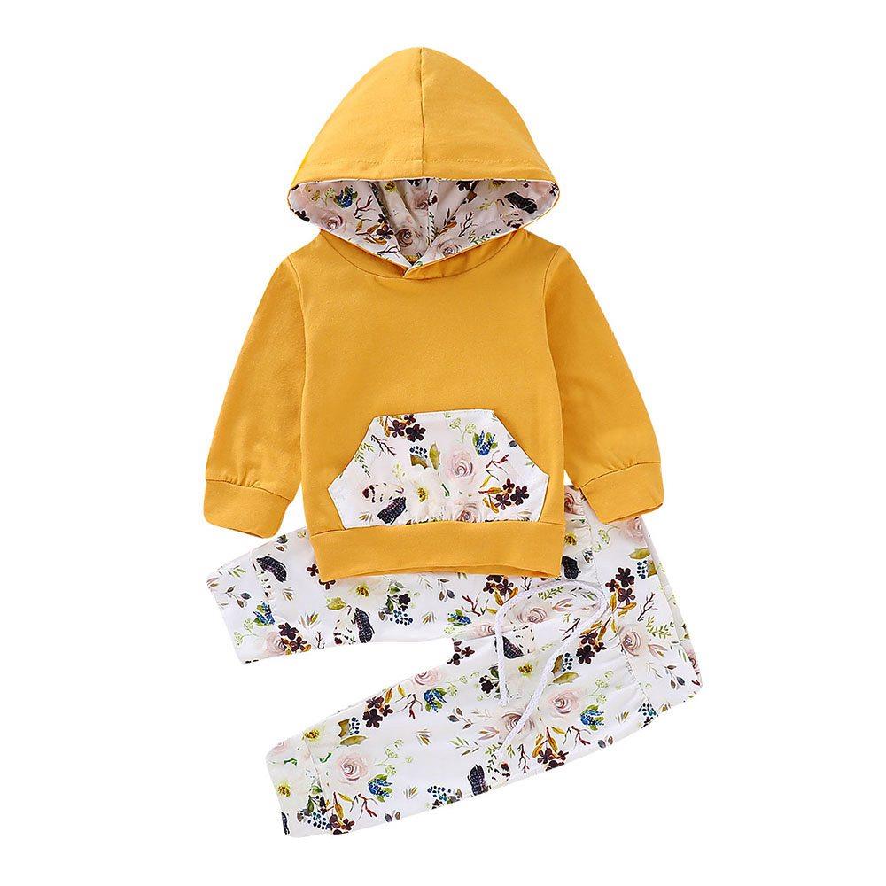 HZ6003 Kids Girls Pocket Printed Two-piece Set (Long-sleeve Hoodie + Floral Trousers Size 70) - Yellow