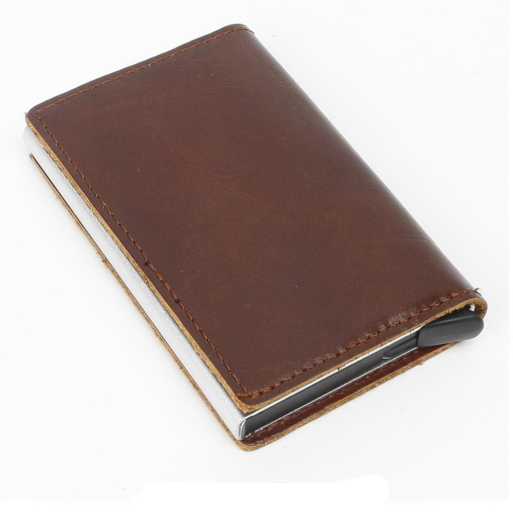 Men's Genuine Leather Push Card Wallet - Coffee