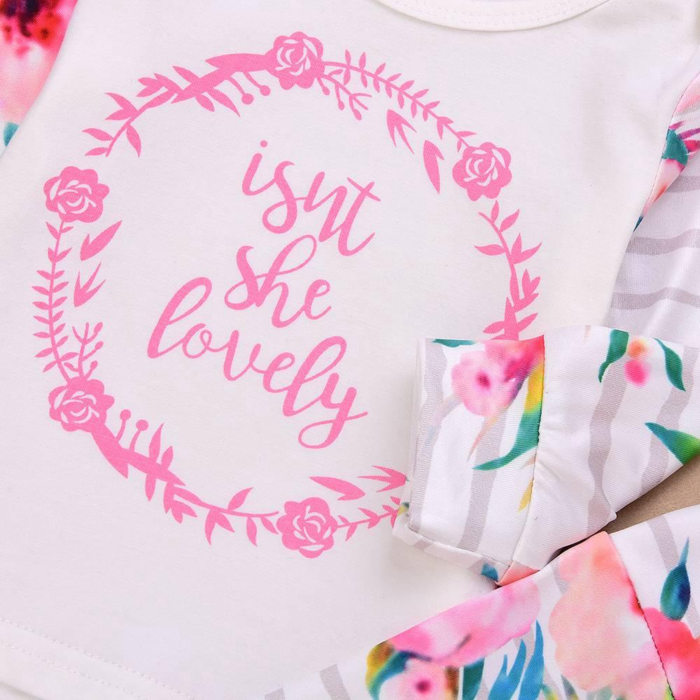 HZ50088 Kids Girls Flower Letter Pattern Three-piece Set (Long-sleeve Top + Flower Bow Tie Trousers + Hairband Size 70) - White