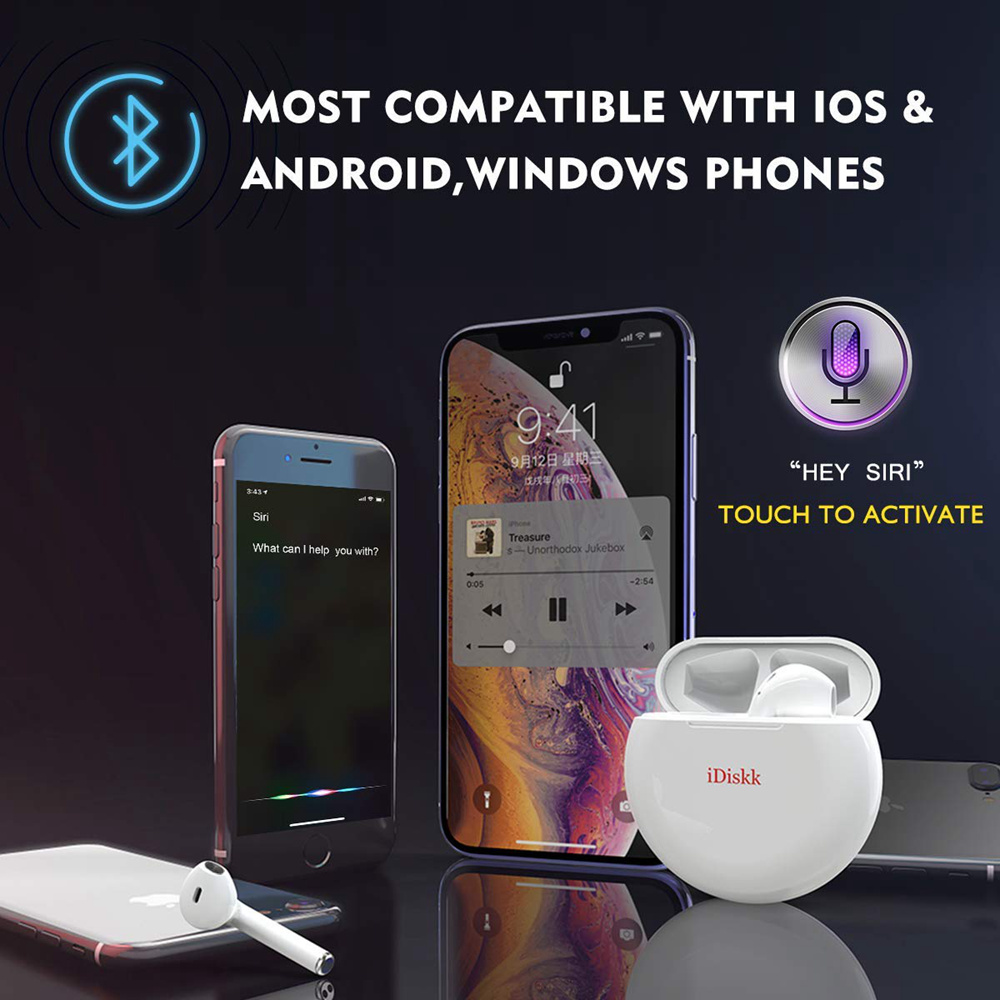 IDiskk i51 TWS Wireless Bluetooth 5.0 Earphones Binaural Earbuds Support ios Android Phone - White