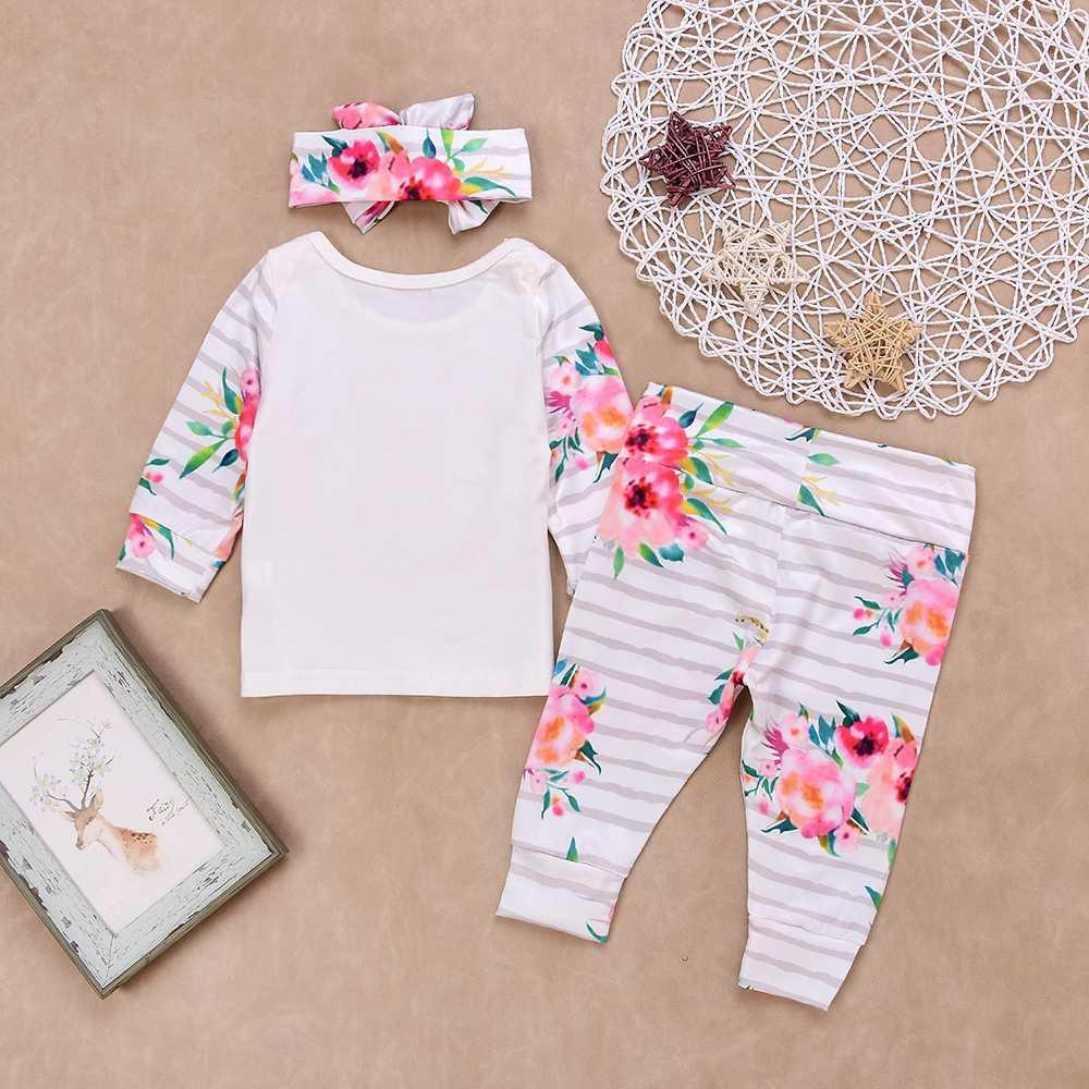 HZ50088 Kids Girls Flower Letter Pattern Three-piece Set (Long-sleeve Top + Flower Bow Tie Trousers + Hairband Size 70) - White