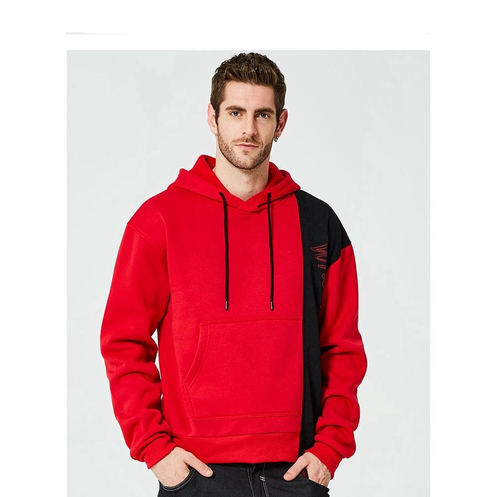 WY30 Men's Autumn Casual Irregular Loose Hoodie (Color Block Cotton Sweatshirt Size M) - Red