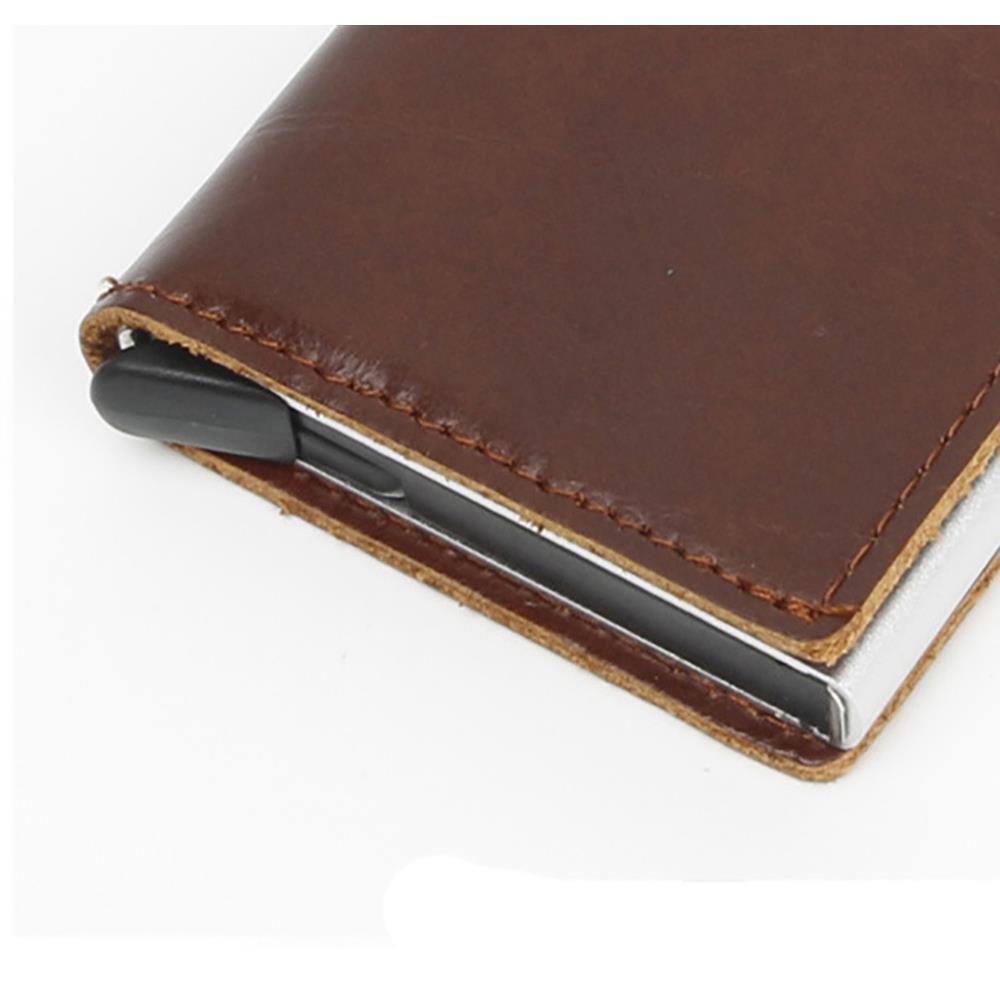 Men's Genuine Leather Push Card Wallet - Coffee