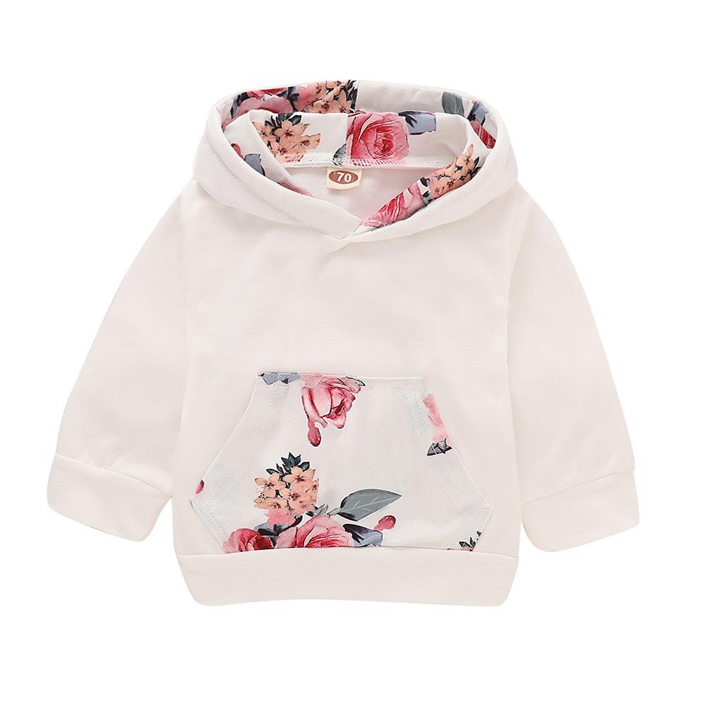 HZ6002 Kids Girls Pocket Printed Lycra Cotton Long-sleeve Hoodie + Trousers Two-piece Set Size 70 - White