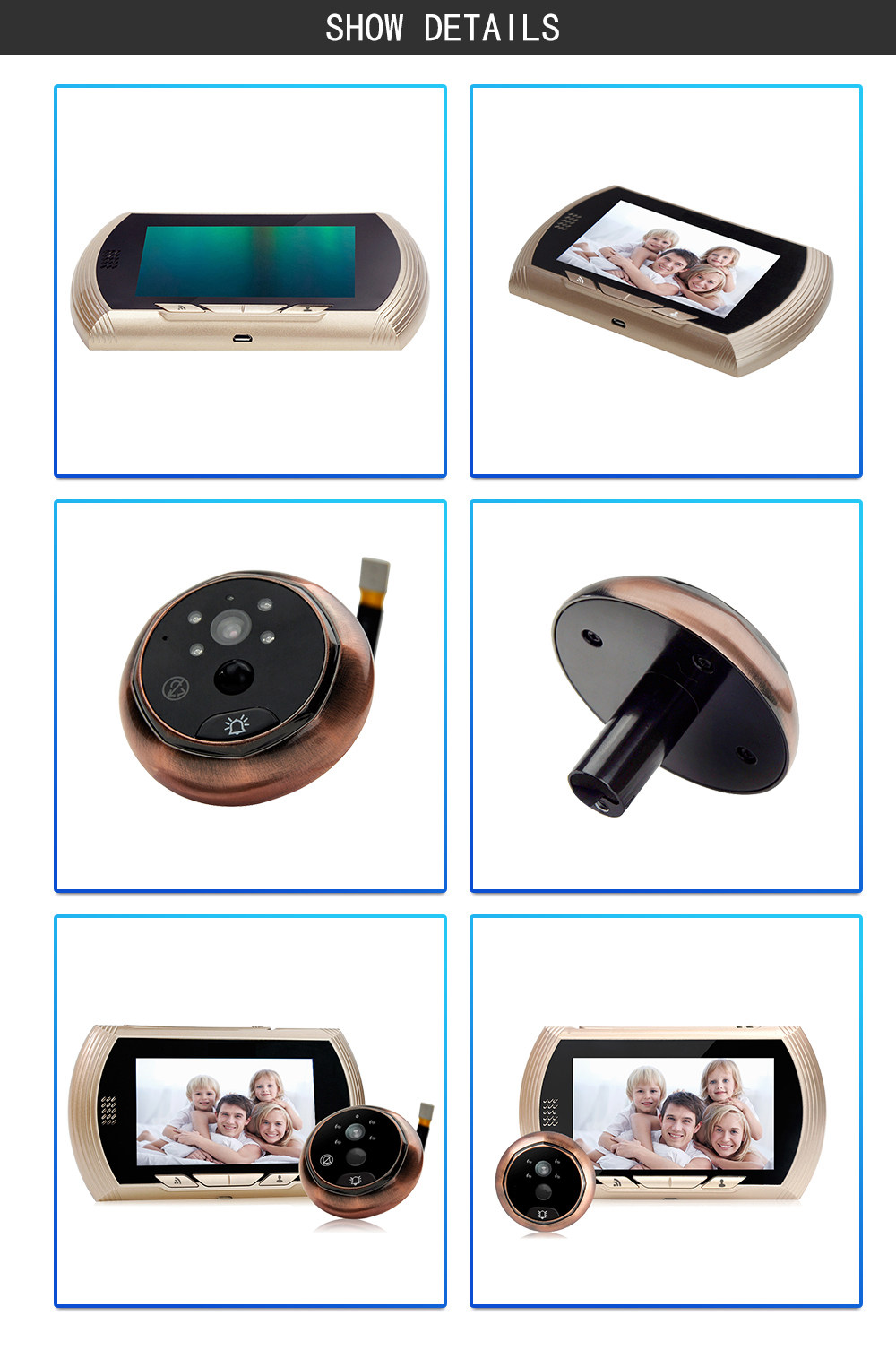 Danmini YB-43HD-MW Digital Peephole Viewer Camera 1MP 4.3 inch PIR Motion Sensor IR Night Vision Door Bell - Gold