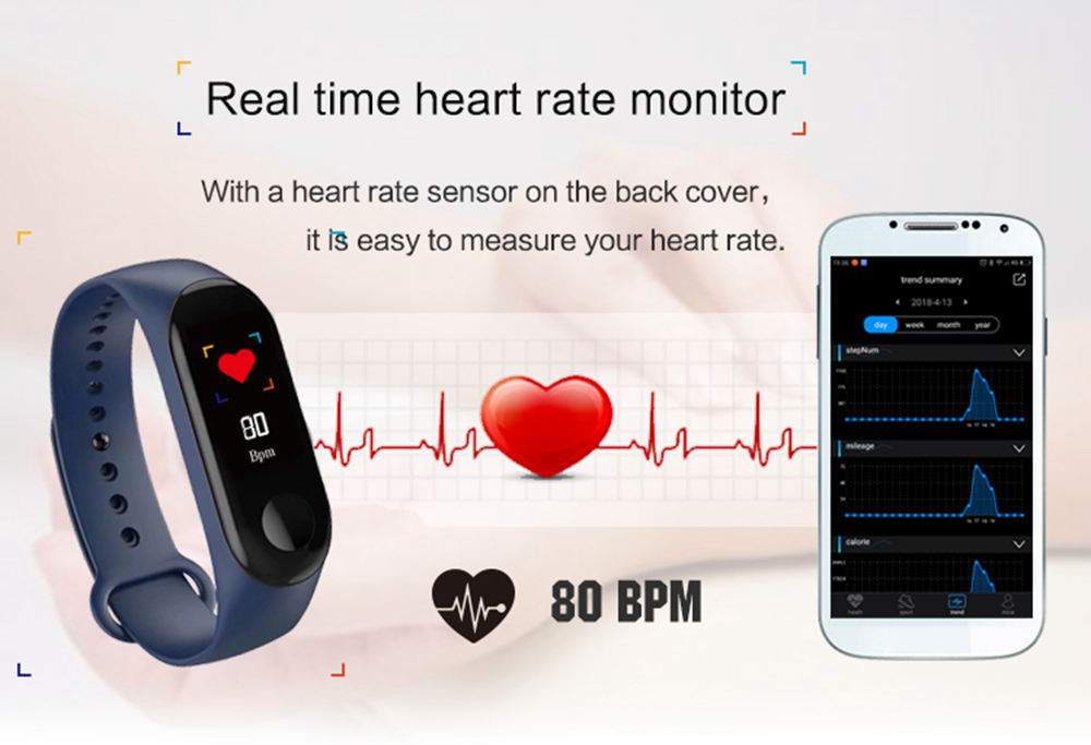 M3 Smart Bracelet 0.96 Inch TFT Screen Heart Rate Blood Pressure Monitor IP67 Waterproof Pulse Wristband Fitness Tracker - Black