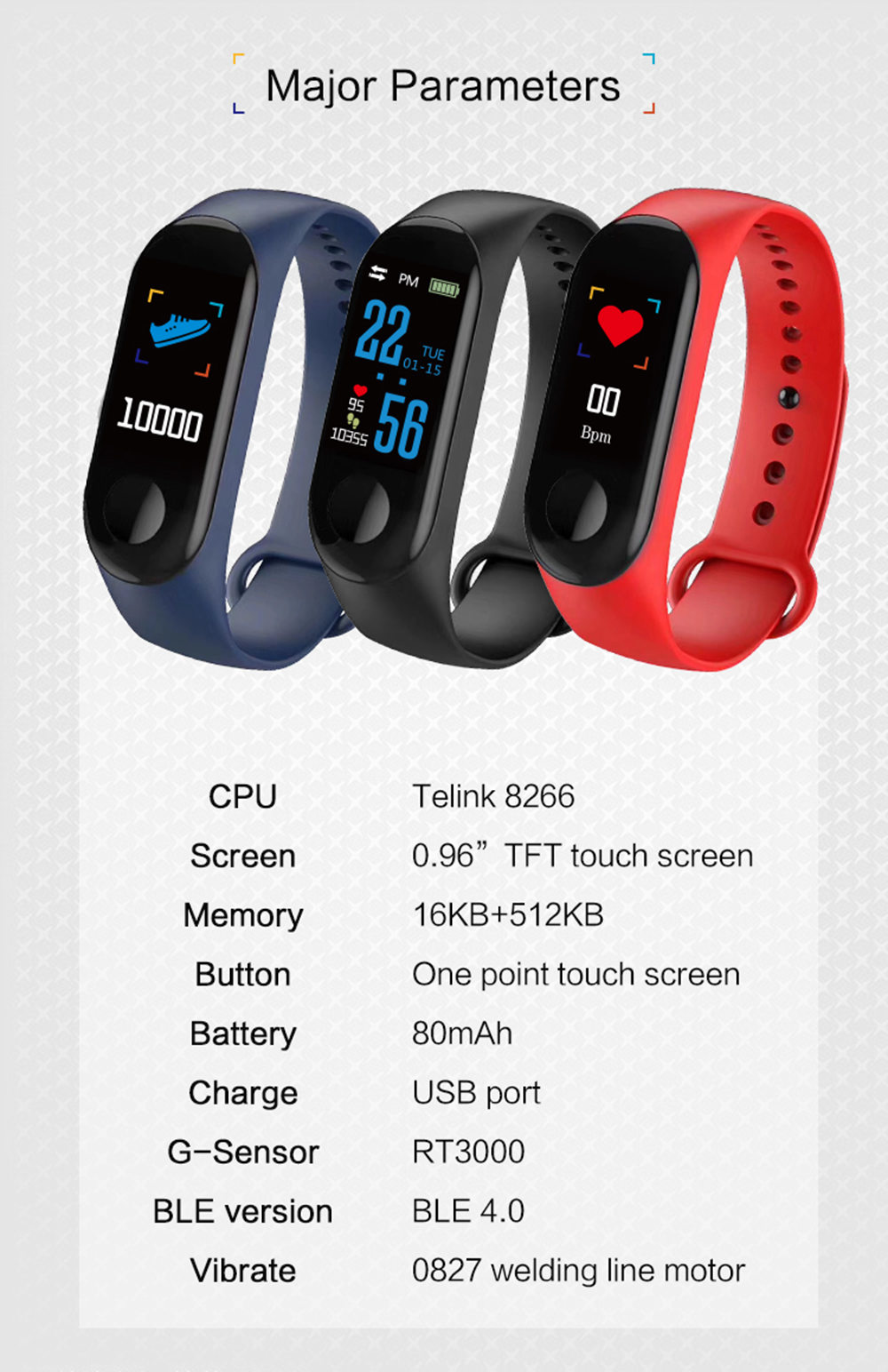 M3 Smart Bracelet 0.96 Inch TFT Screen Heart Rate Blood Pressure Monitor IP67 Waterproof Pulse Wristband Fitness Tracker - Blue