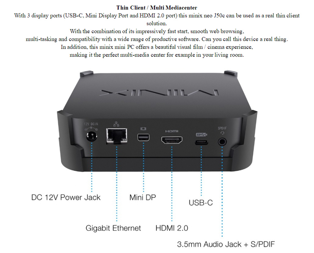 MINIX NEO J50C-4 Intel Gemini Lake J5005 Windows 10 Pro 4GB DDR4 32GB eMMC Mini PC HDMI+DP Dual Band WiFi Gigabit LAN Bluetooth4.1 USB3.0*3