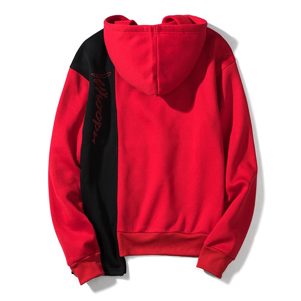 WY30 Men's Autumn Casual Irregular Loose Hoodie (Color Block Cotton Sweatshirt Size M) - Red