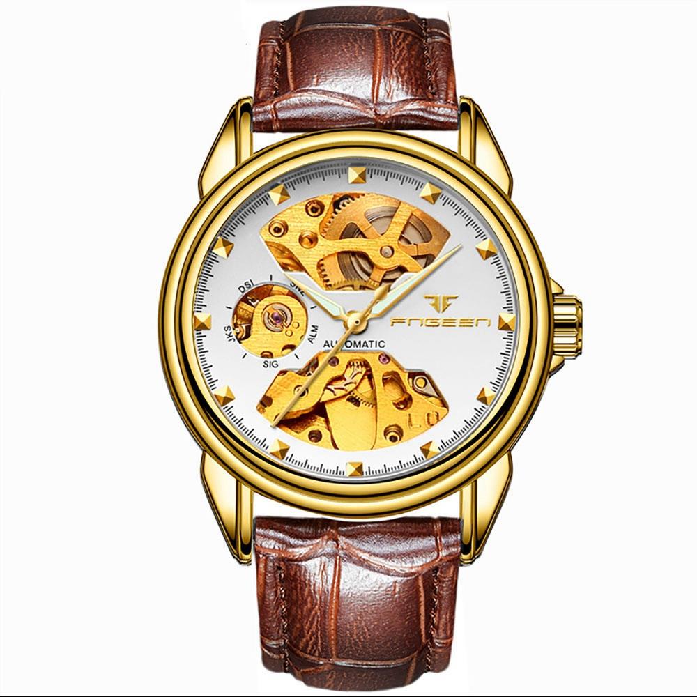 Men's Business Hollow Engraving Mechanical Watch Analog Automatic Movement PU Leather Strap - White