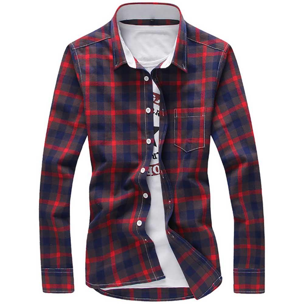 Men's Plaid Shirt Button-down Long Sleeve (Size M) - Red