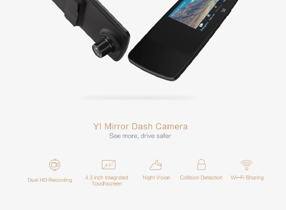 YI Mirror Dash Cam Dual Dashboard Camera Recorder 4.3 Inch LCD Touch Screen Front And Rear View 138 Degree Wide Angle HD Camera G Sensor Night Vision - Black