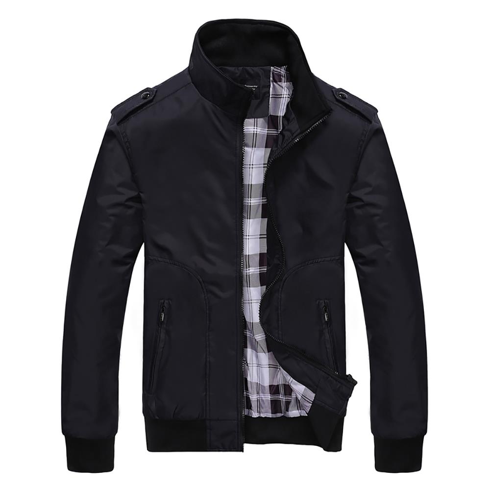 CA1235 Men's Autumn Winter Classic Casual Jacket (Standing Collar Tartan Pattern Polyester Coat Size M) - Black