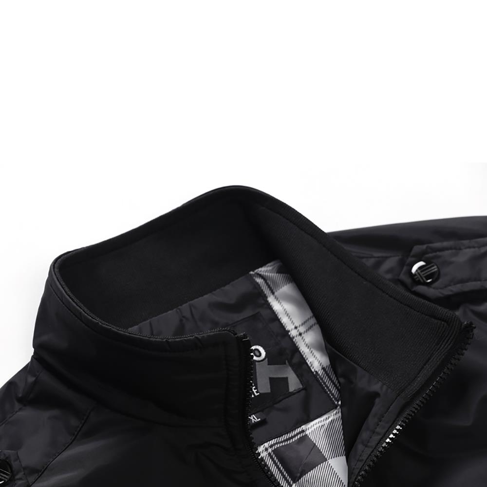 CA1235 Men's Autumn Winter Classic Casual Jacket (Standing Collar Tartan Pattern Polyester Coat Size M) - Black