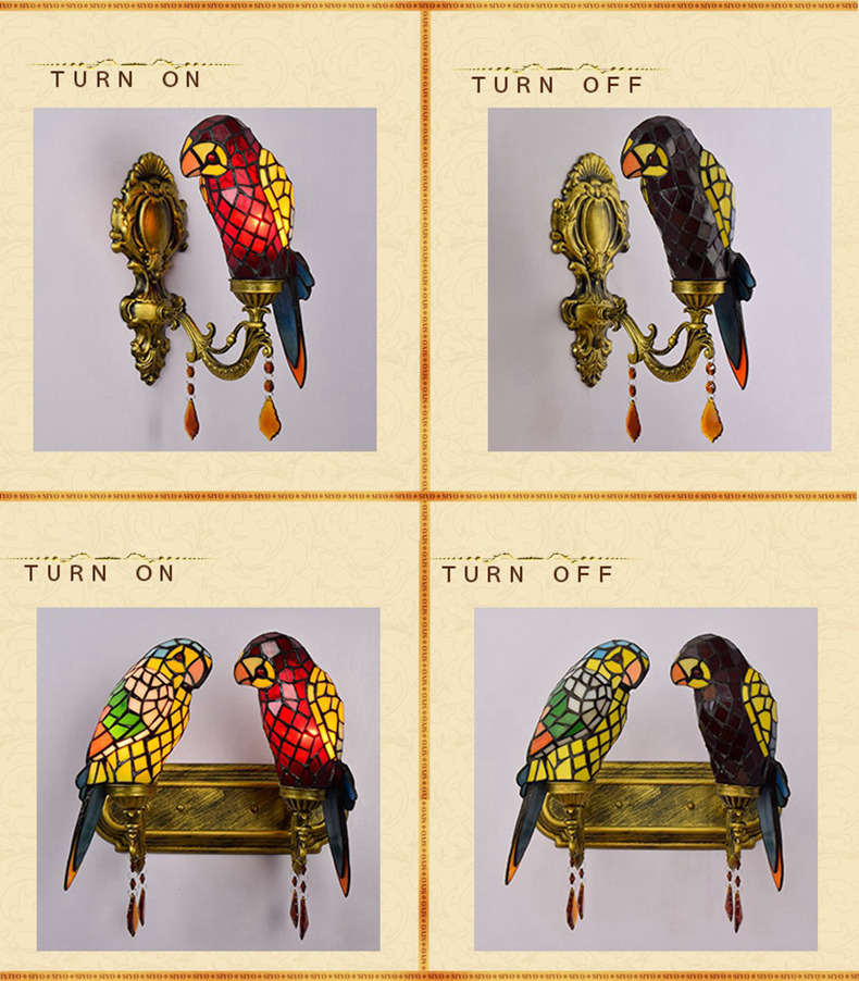 FUMAT Tiffany Style Stained Glass Handcrafted Wall Lamp - Creative Red Parrot Design