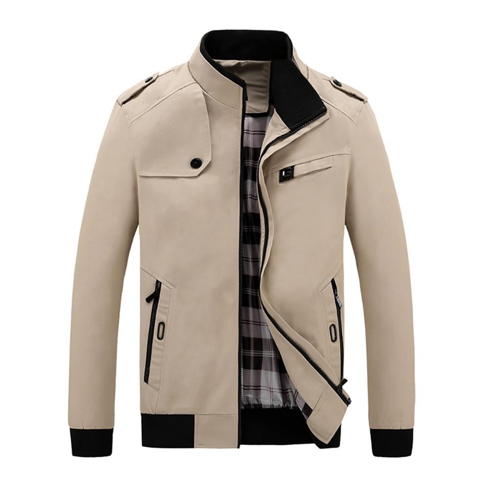 CA9801 Men's Autumn Winter Classic Casual Jacket (Lapel Grid Long Sleeve Polyester Jacket Size M) - Khaki
