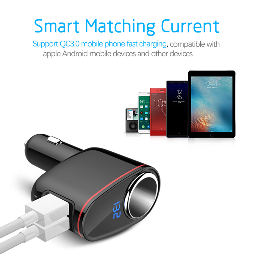 S-06A QC3.0 Car Charger 30W Dual USB Ports Cigarette Lighter Blue LED Display For IOS / Android - Black