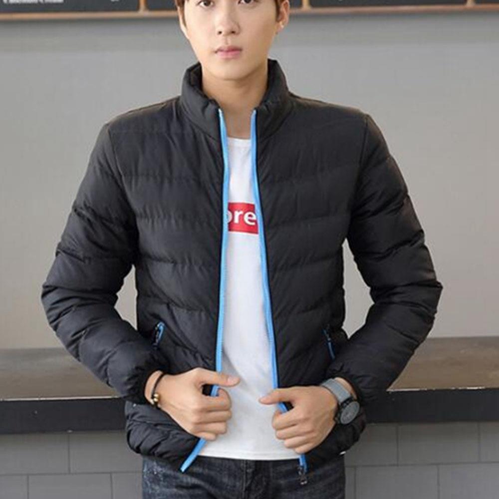 Men's Autumn And Winter Basic Casual Thick Cotton Down Jacket (Stand Collar Warm Coat Size L) - Black + Blue