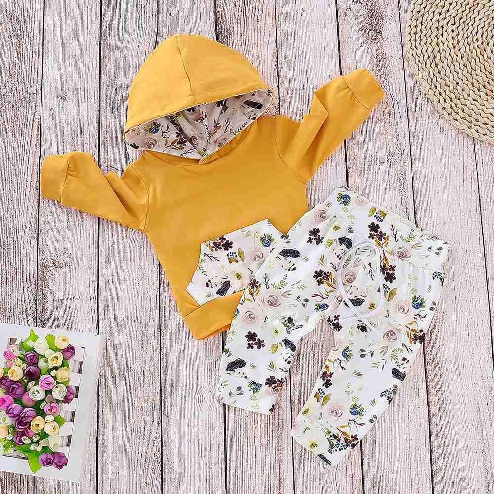 HZ6003 Kids Girls Pocket Printed Two-piece Set (Long-sleeve Hoodie + Floral Trousers Size 70) - Yellow