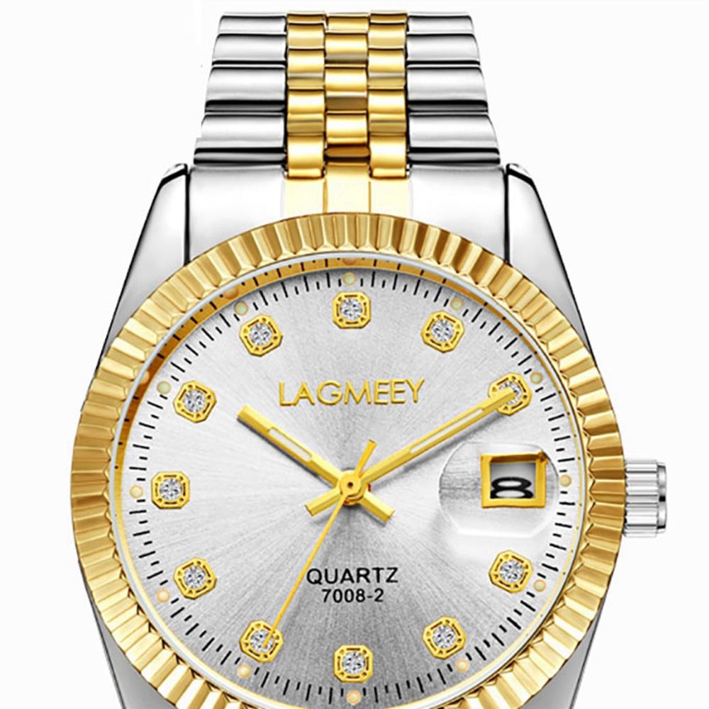 W7008 LAGMEEY Men's Business Wrist Watch Large Dial Calendar Quartz Movement Stainless Steel - White