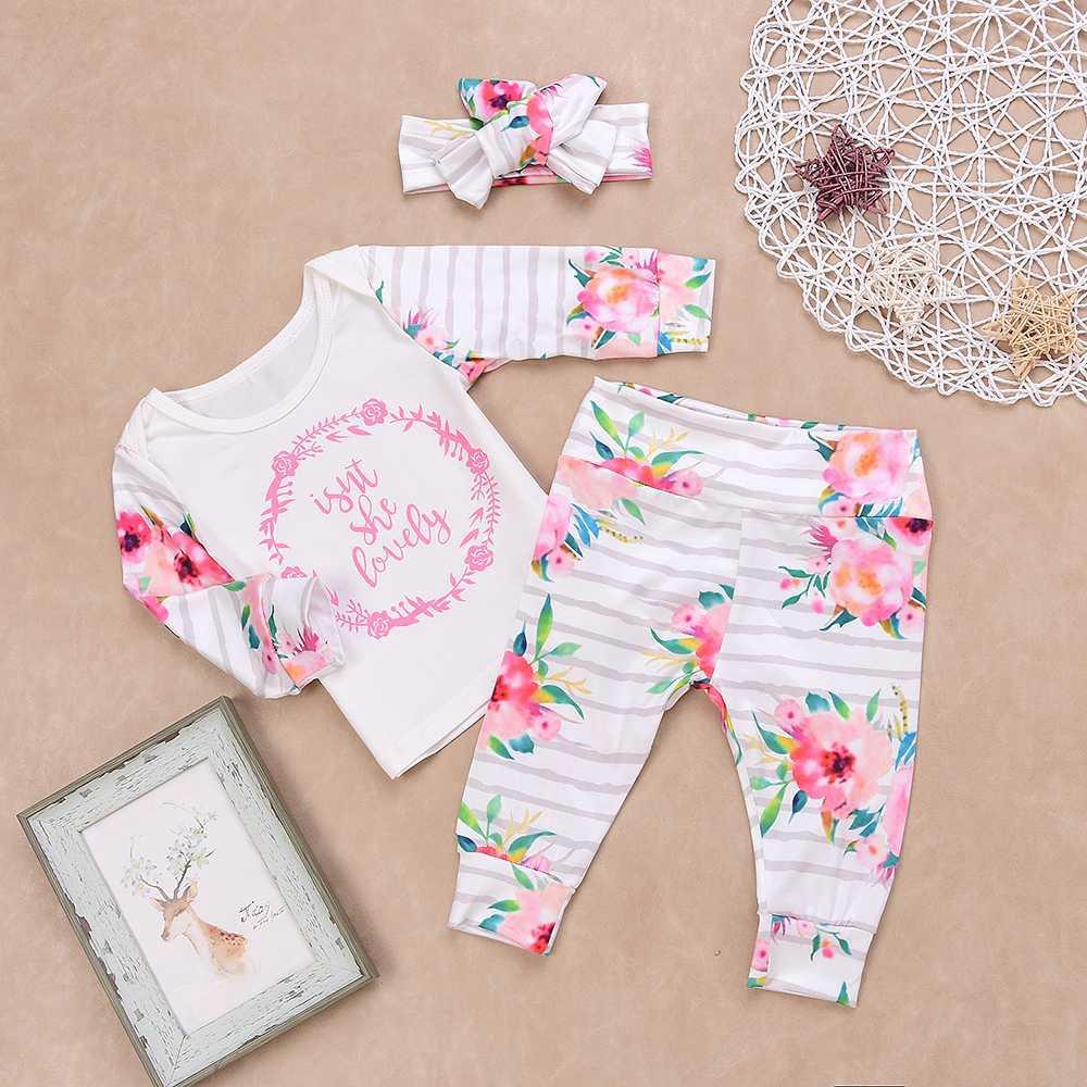 HZ50088 Kids Girls Flower Letter Pattern Three-piece Set (Long-sleeve Top + Flower Bow Tie Trousers + Hairband Size 70) - White