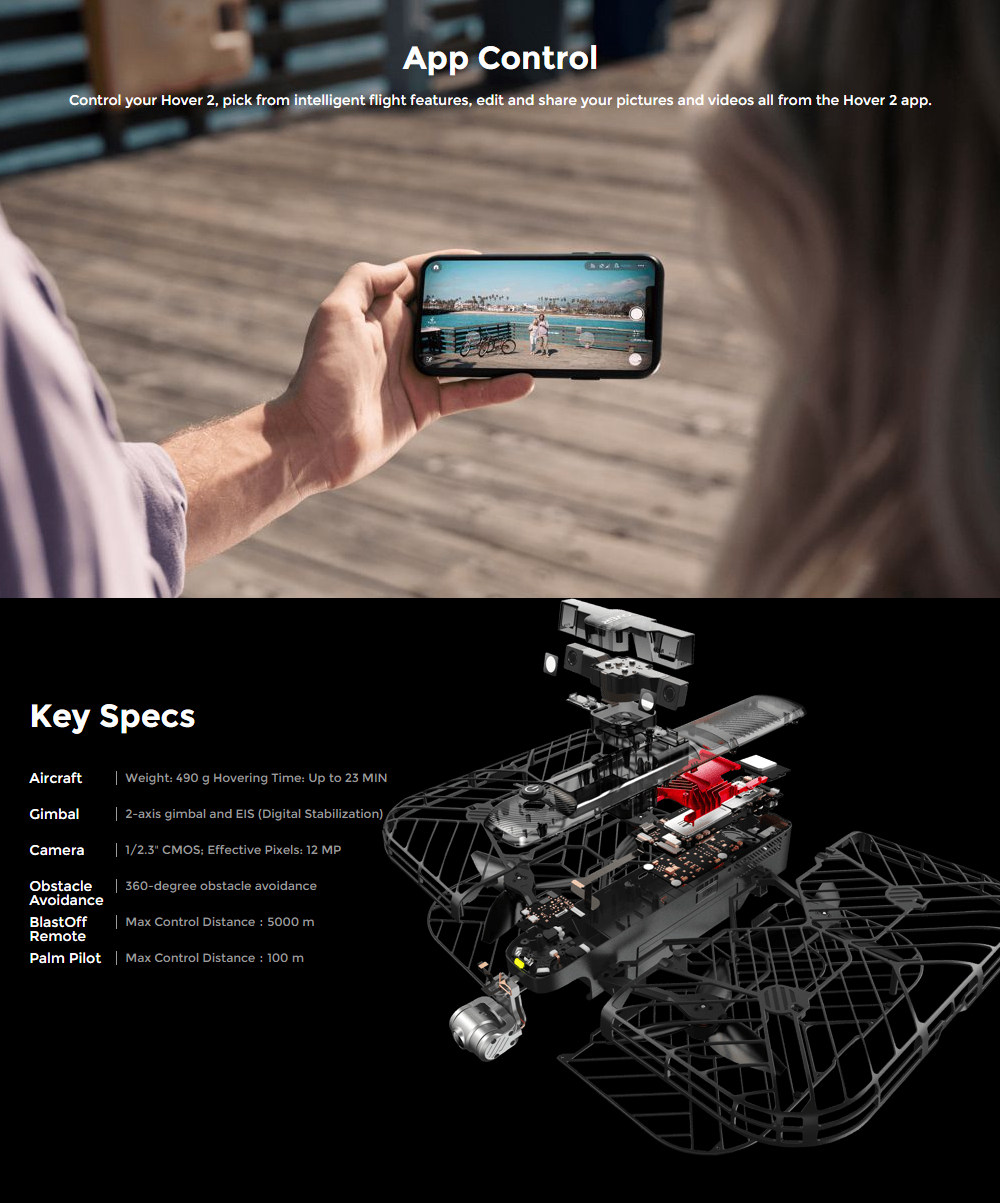 Hover 2 4K WiFi FPV 5km GPS Foldable RC Drone With 2-Axis Gimbal 360 Degree Obstacle Avoidance BNF