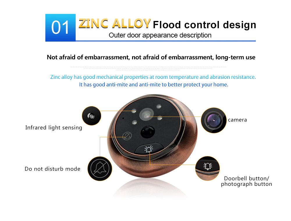 Danmini YB-43HD-MW Digital Peephole Viewer Camera 1MP 4.3 inch PIR Motion Sensor IR Night Vision Door Bell - Gold