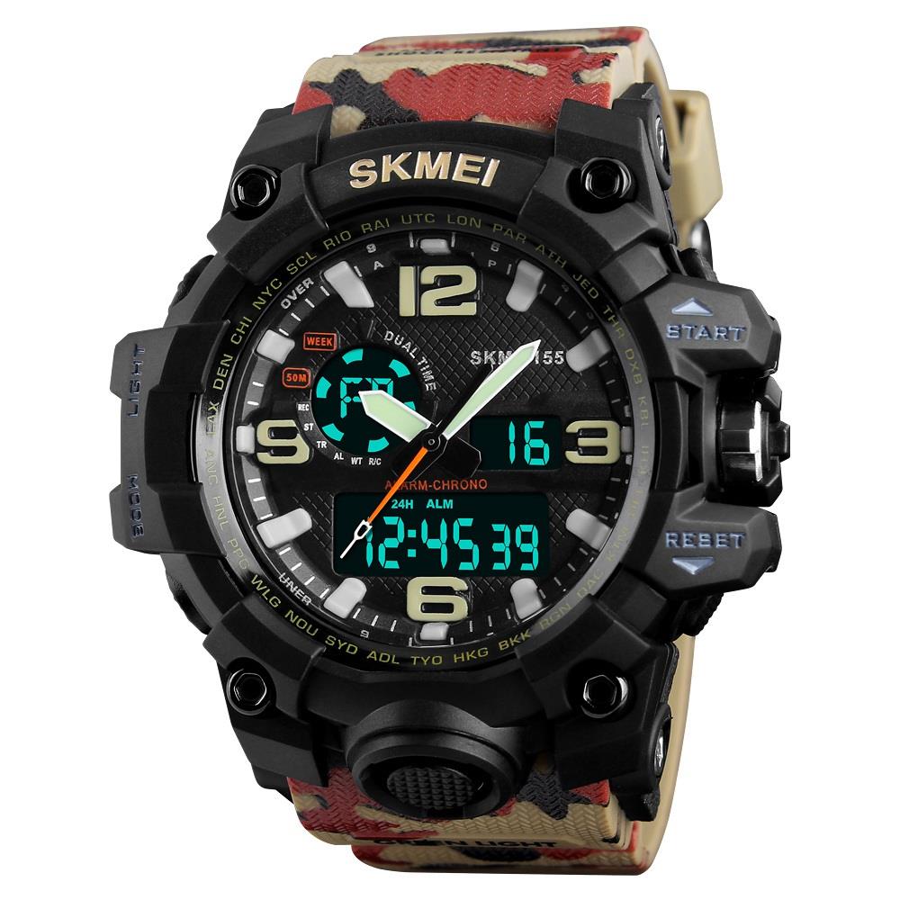 SKMEI 1155 Men's LED Digital Quartz Watch Double Movement Waterproof Dual Time Day Alarm Light Silicone Band - Red + Camouflage