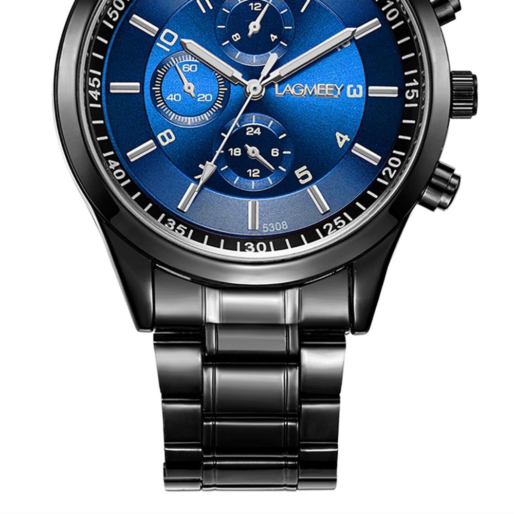 W5308 Men's Casual Business Analog Wrist Watch Quartz Movement Stainless Steel - Black Strap + Blue Dial