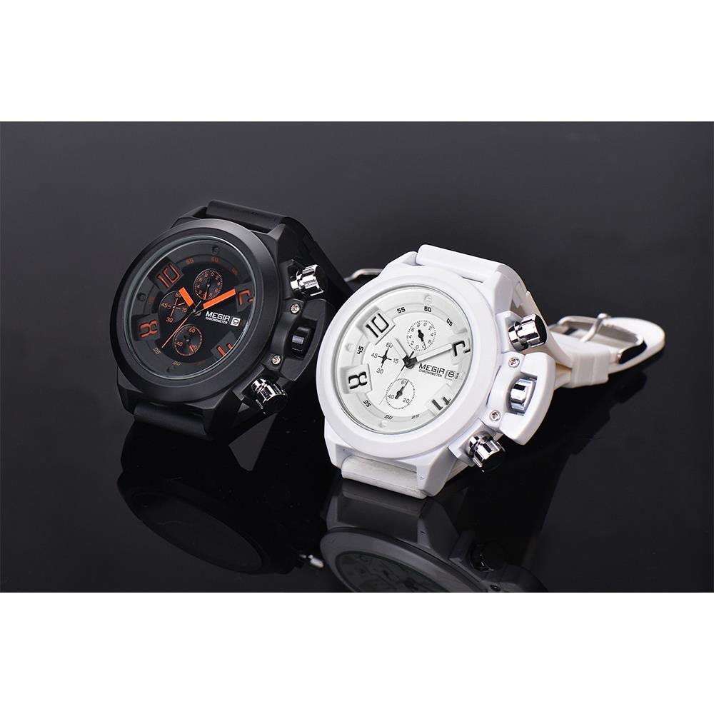 MEGIR 2002 Men's Business Quartz Watch Analog Display Three Working Sub-dials Silicone Band - White