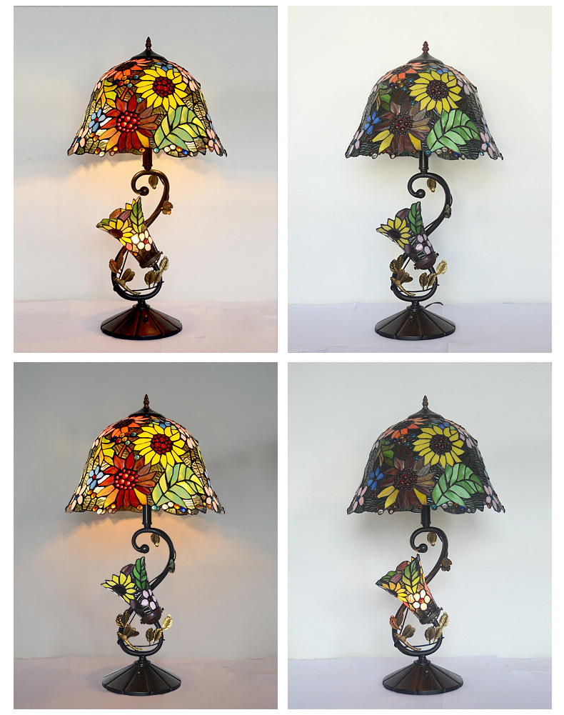 FUMAT 16 Inches Tiffany Style Stained Glass Handcrafted Table Lamp - Romantic Sunflower Butterfly Design