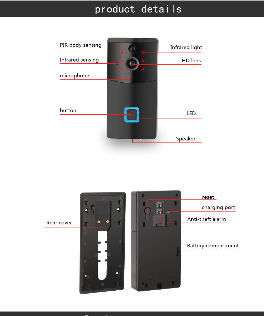 Danmini WF05 WIFI Wireless Video Intercom Doorbell APP Voice Intercom Low Power Standby - Black