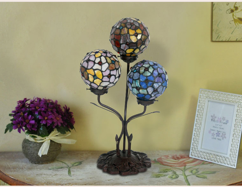 FUMAT Tiffany Style Stained Glass Handcrafted Table Lamp - Creative Copper Base Red Spherical Design