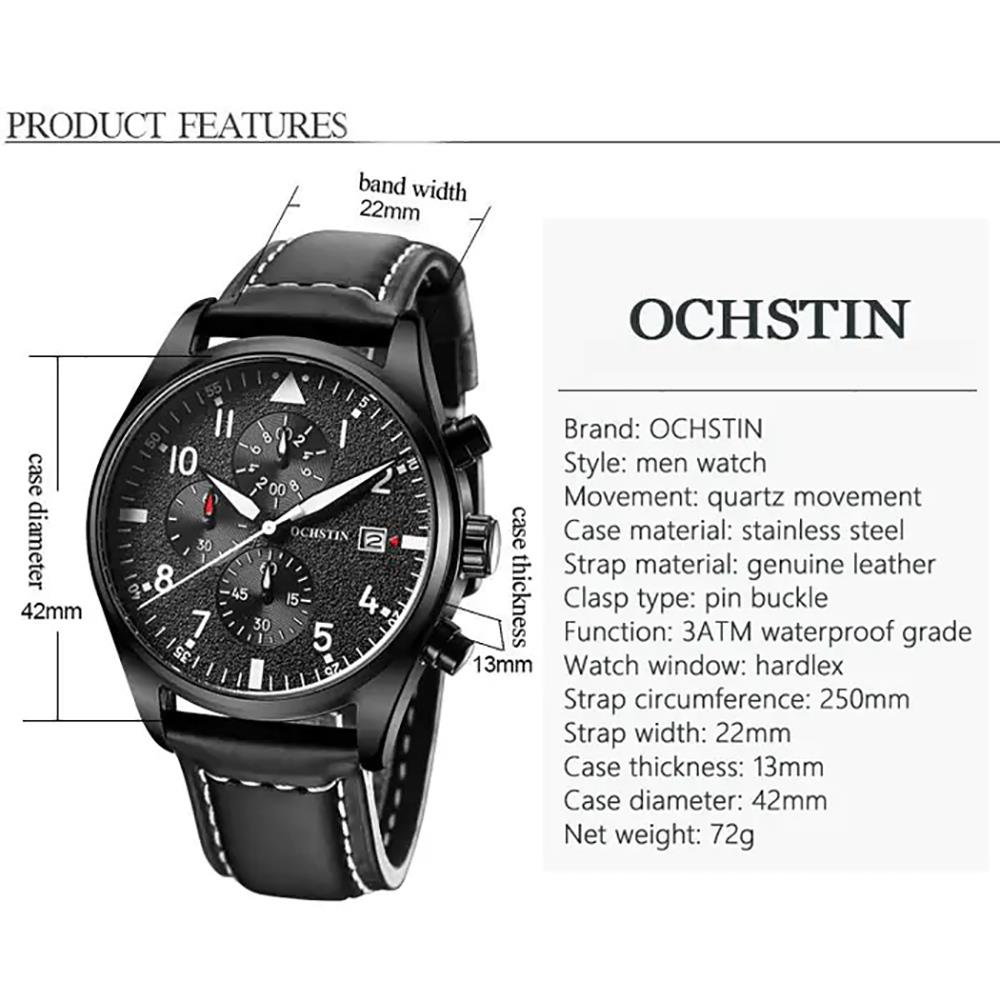 OCHSTIN GQ043B Men's Outdoor Quartz Watch Working Sub-dial Analog Display 3ATM Waterproof PU Strap - Brown