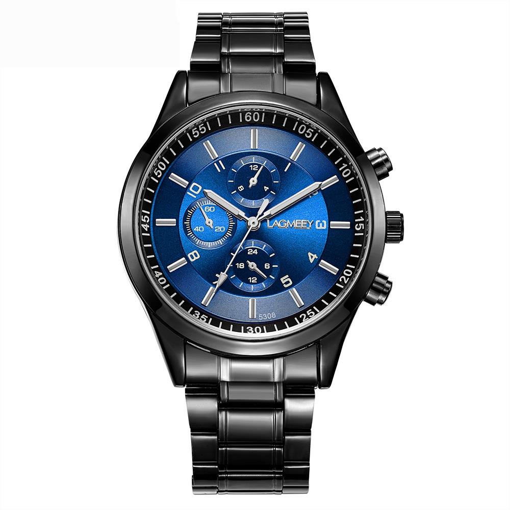 W5308 Men's Casual Business Analog Wrist Watch Quartz Movement Stainless Steel - Black Strap + Blue Dial