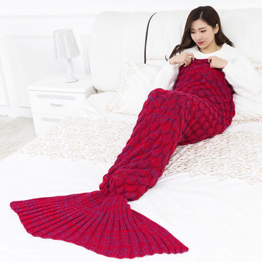 Creative Mermaid Tail Blanket Fish Scales Knitting Soft Comfortable Sleeping Blankets - Red (Size 180*90 CM)