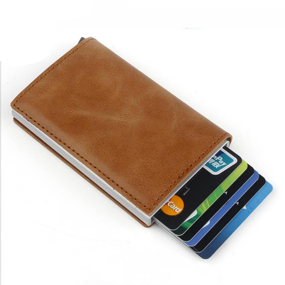 Men's Genuine Leather Push Card Wallet - Coffee