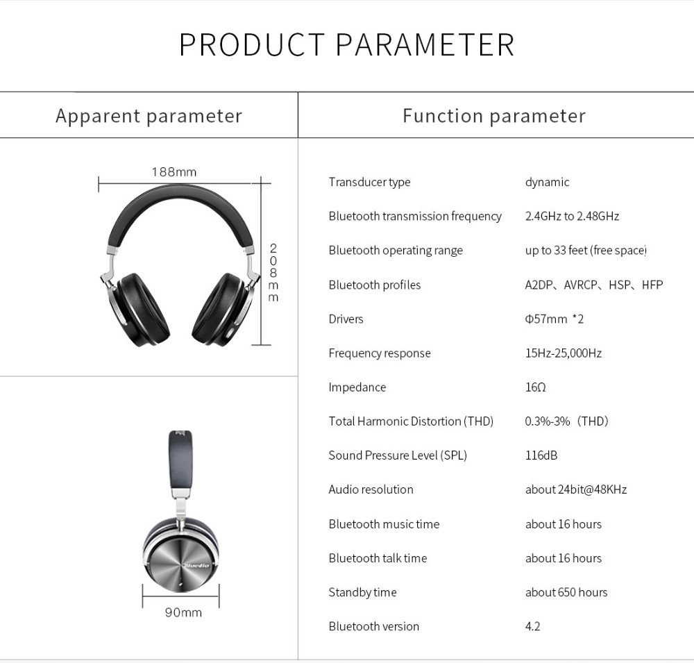 Bluedio T4S Wireless Bluetooth Headphones with Mic Active Noise Cancelling - Black