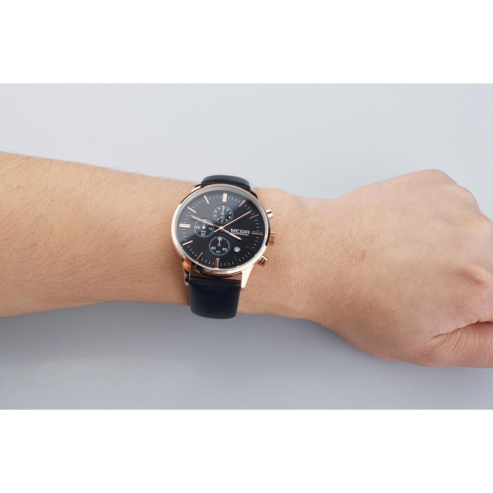 ML2011G MEGIR Men's Sports Wrist Watch Business Analog Casual Quartz Movement PU Black Dial - Rose Gold + Black