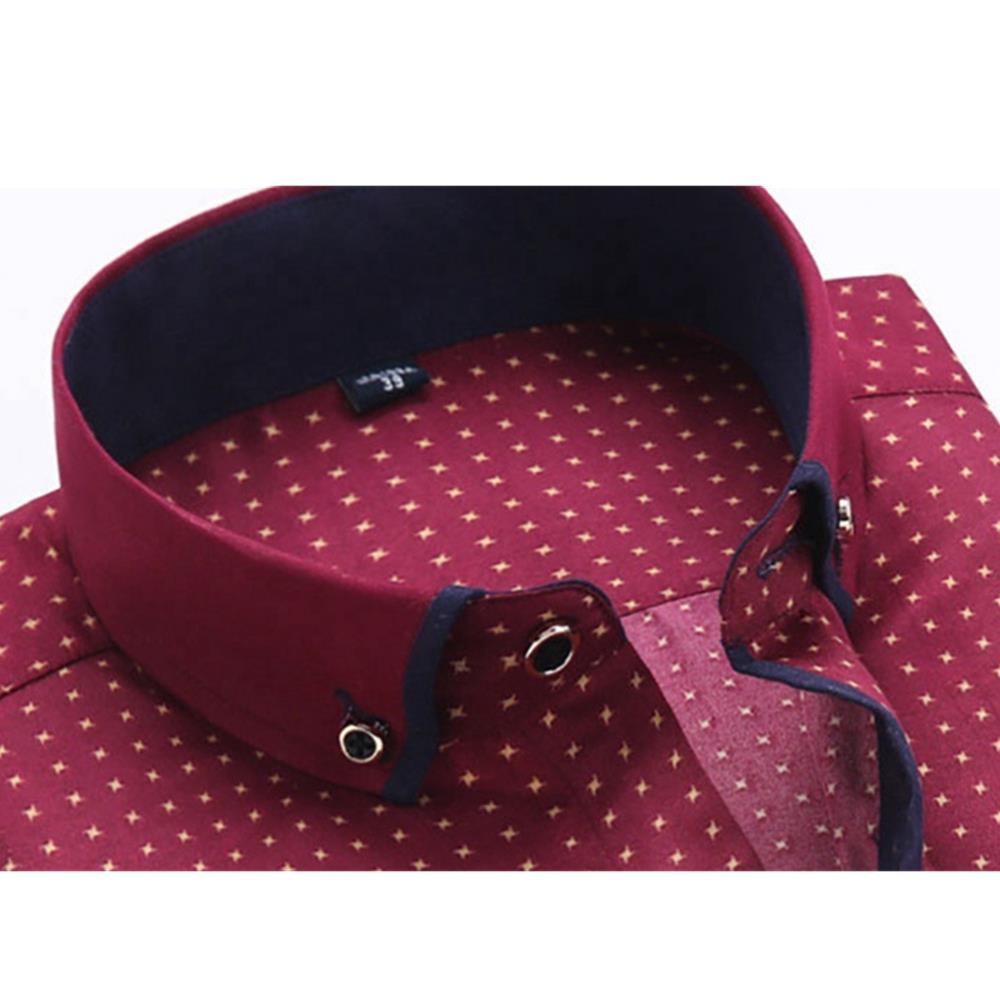 Men's Autumn Business Wave Point Printed Stand Collar Shirt (Slim Fit Cotton Size M) - Burgundy